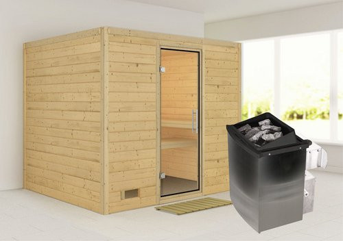 Karibu Sauna Paldiski aus Fichtenholz in Beige inklusive 9 kW Saunaofen mit integrierter Steuerung für 4 Personen, B/T/H: 236 x 209 x 184 cm - Bild 1