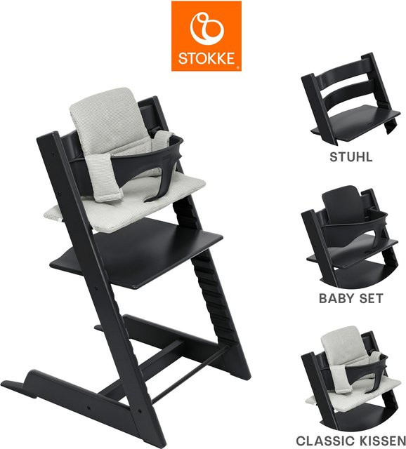Stokke Tripp Trapp Treppenhochstuhl Bundle aus Buchenholz in Schwarz inkl. Babyset und Sitzkissen - Bild 1