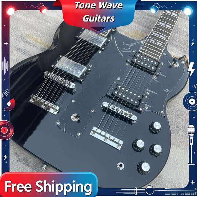SGU Solid Body Doppelkopf-E-Gitarre 12-Saiter und 6-Saiter Dual-Scale Heavy Metal Bühnen-Gitarre in Glänzend Schwarz - Bild 1