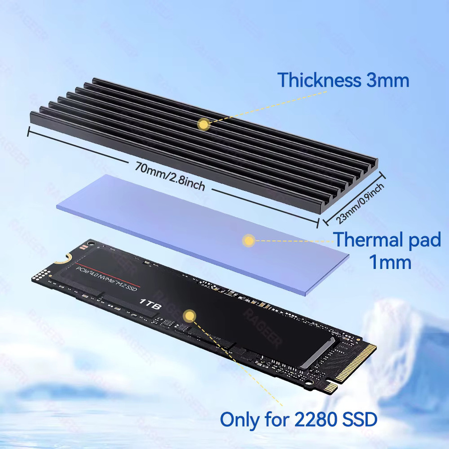 RAGEER M.2 2280 NVMe SSD-Kühlkörper aus Aluminiumlegierung mit Wärmeleitpad, Schwarz - Bild 3