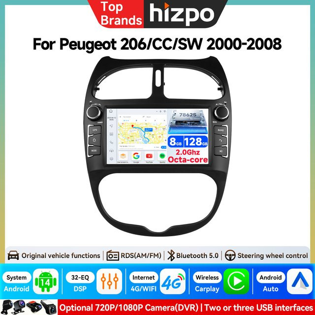 Hizpo 7-Zoll Android Autoradio für Peugeot 206 206CC 206SW (2000-2008) mit Carplay, GPS und KI-Intelligentes System, 2Din Multimedia Head Unit in Schwarz - Bild 1