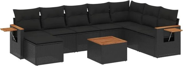 vidaXL 9-teilige Garten-Sofagarnitur aus Poly-Rattan und Akazienholz in Schwarz mit Kissen - Bild 1