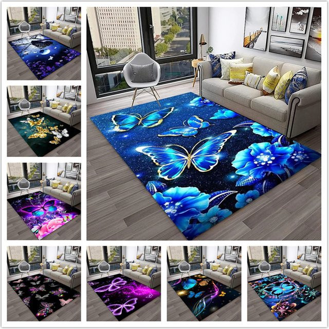 Waschbarer 3D Luxus-Traumteppich mit Schmetterlingen und Blumen in Blau, rutschfester rechteckiger Bodenbelag für Wohnzimmer und Schlafzimmer - Bild 1