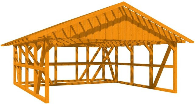 Skan Holz Carport Schwarzwald aus Fichtenholz mit Satteldach, Dachlattung und Abstellraum in Eiche Hell, B: 684 cm, T: 772 cm - Bild 1