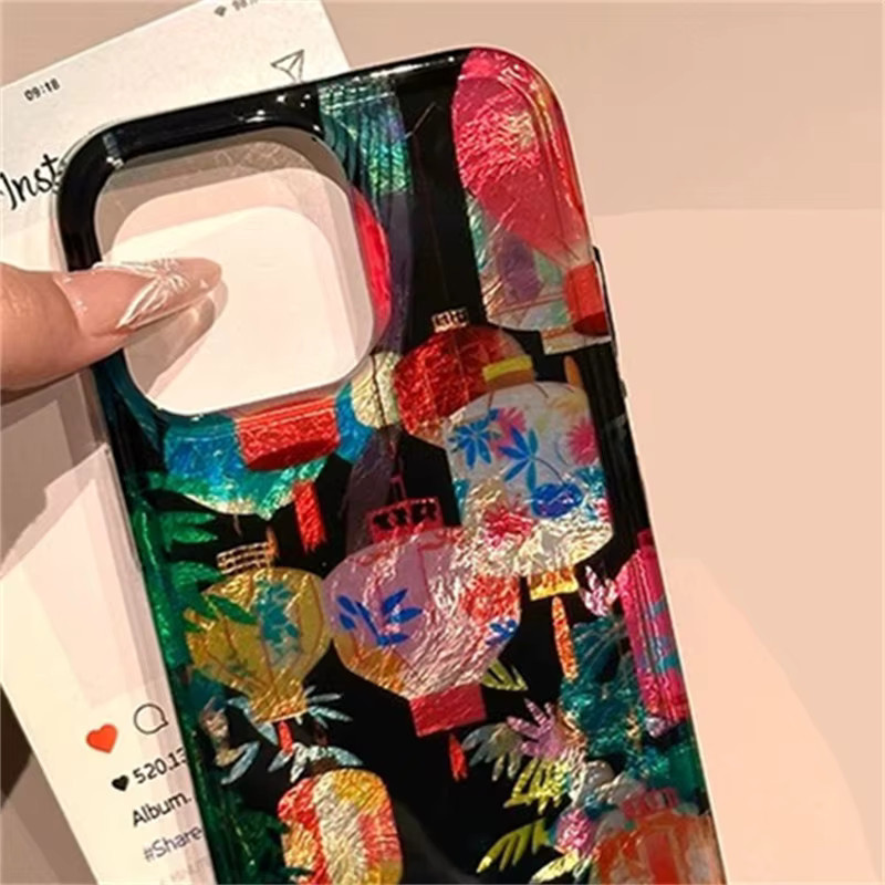 HAPPEE Handyhülle mit farbigem Laternen-Vortex-Muster auf schwarzem Hintergrund für iPhone 11 bis iPhone 17 Pro Max, Mehrfarbig - Bild 3