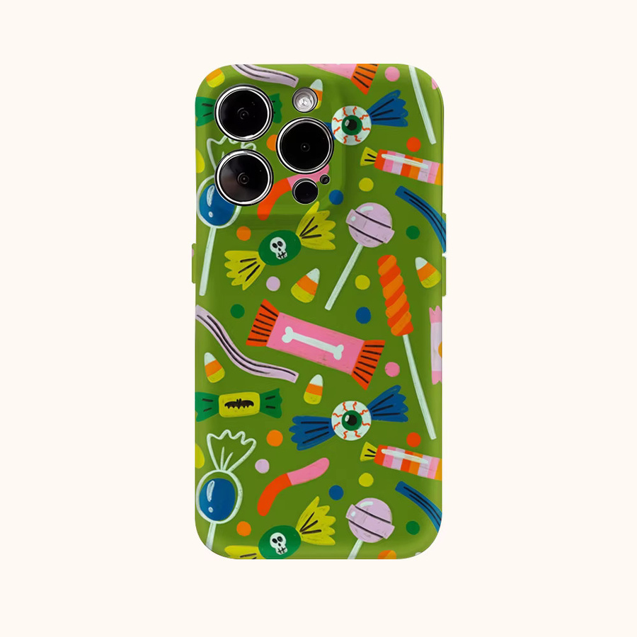 Potdemiel Handyhülle mit buntem Halloween-Süßigkeiten-Design für iPhone 11 bis iPhone 16 Pro Max, mehrfarbig, doppelschichtige Rückseite - Bild 2