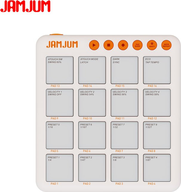 JAMJUM JP-MINI MIDI-Pad-Controller mit 16 RGB-Pads, Bluetooth und integriertem Akku in Weiß - Bild 1