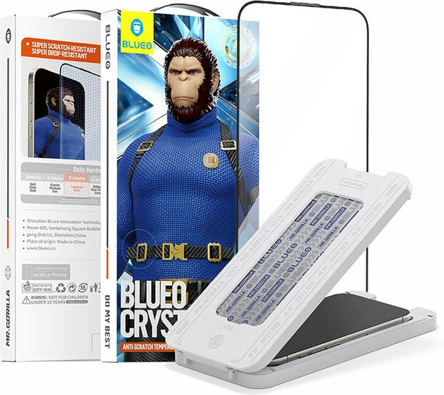 Blueo Crystal Anti-Kratz Schutzfolie aus gehärtetem Glas mit Applikator für Apple iPhone 15 Pro Max, Schwarz - Bild 1