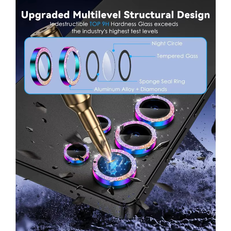 Glitzer Kameralinsenabdeckung aus gehärtetem Ultra-HD Glas und Metall für Samsung S26 Ultra S25FE S24 in Schwarz und Multicolour - Bild 2