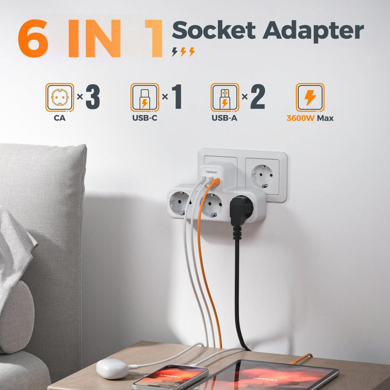 TESSAN Mehrfachsteckdose mit 3 Steckdosen, 2 USB-C und 1 USB-A Port in Weiß mit Überlastschutz - Bild 3