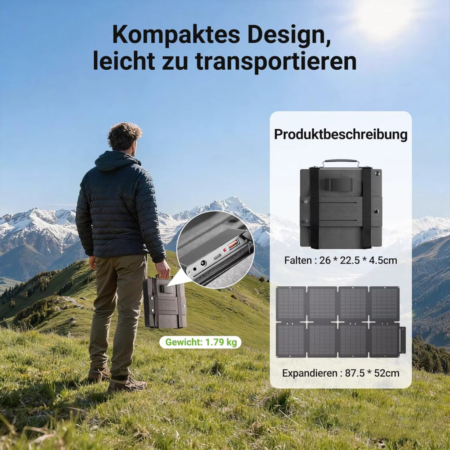 LIONSHEE 60W Faltbares Solarpanel Tragbares Solar Ladegerät IP67 Wasserdicht in Schwarz mit USB-C, USB-A und DC Ausgängen für Camping und Outdoor - Bild 2