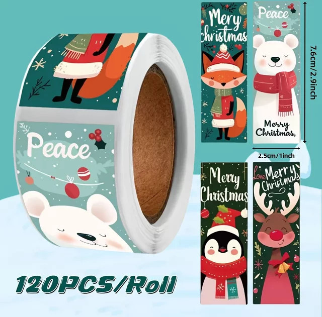 Weihnachtsaufkleber-Rolle mit Weihnachtsmann und Eisbär in Mehrfarbig für Geschenkverpackungen aus Papier, 120 Stück - Bild 1