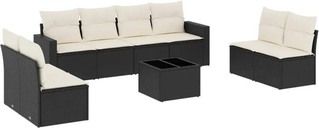 vidaXL 9-teilige Garten-Sofagarnitur in L-Form aus Polyrattan mit Kissen und Couchtisch in Schwarz - Bild 1