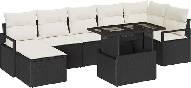 vidaXL Garten-Sofa-Set 8-tlg. mit Kissen in Schwarz und Beige, modernes L-Shape Lounge-Set für Terrasse und Balkon mit Eckelement, Ottoman und Couchtisch - Bild 1