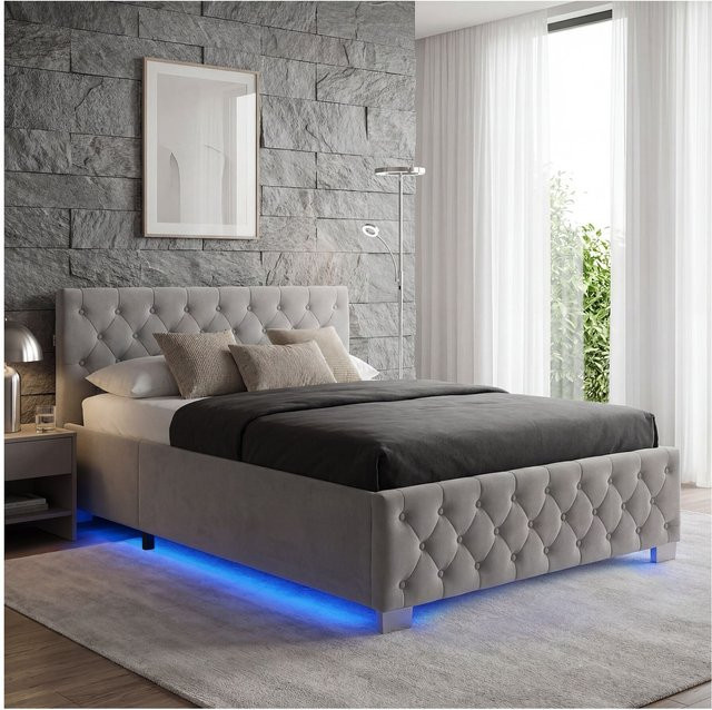 tectake Polsterbett Sedona in Samtoptik mit Steppmuster und indirekter LED-Beleuchtung, Dunkelgrau, B/T/H: 215 x 129 x 83 cm - Bild 1