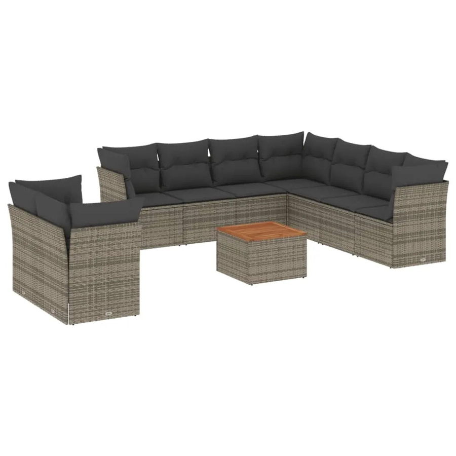 vidaXL 10-teilige Garten-Sofagarnitur aus Poly-Rattan und Akazienholz in Grau mit Kissen - Bild 2