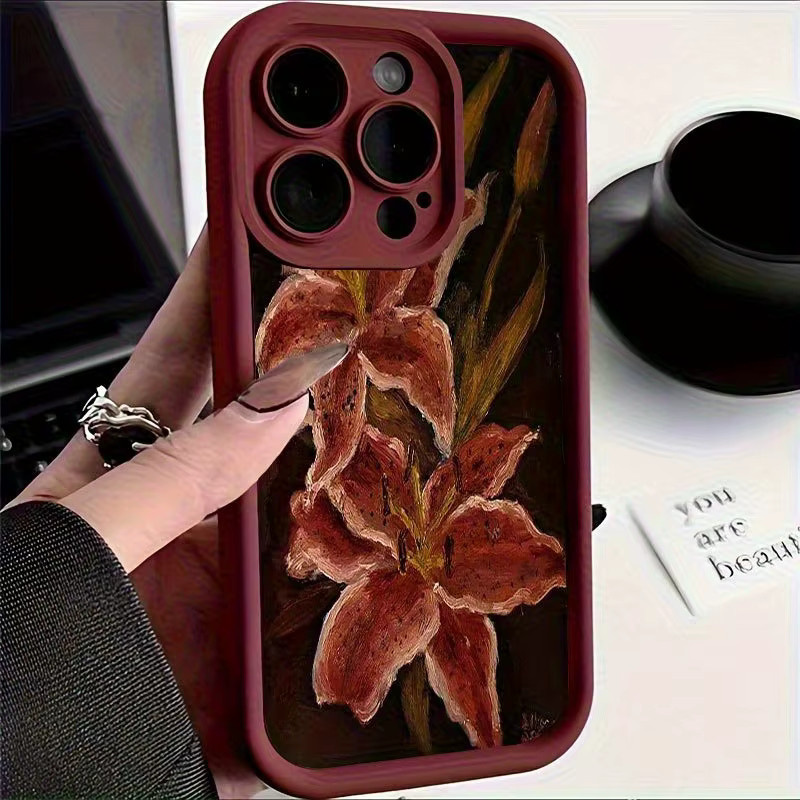Rote TPU Handyhülle mit Vintage-Blumenmuster und Anti-Drop-Schutz für iPhone 11 bis iPhone 17 Pro Max sowie SE-Modelle - Bild 2