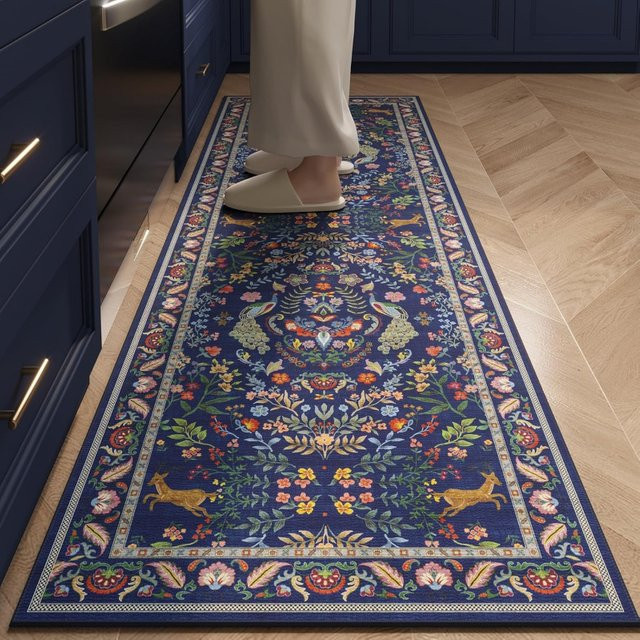VIKAMA Vintage Ethno-Blumenteppich in Blau, strapazierfähiger und rutschfester Teppich für Flur und Schlafzimmer - Bild 1