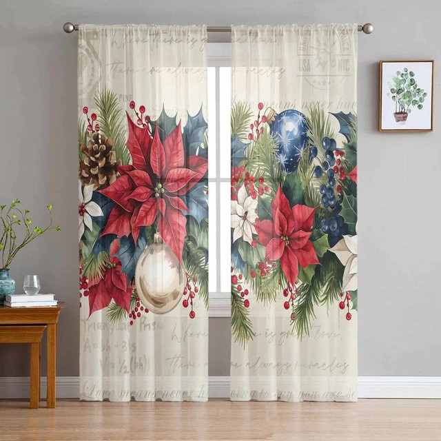 Weihnachtliche Tüll-Vorhänge mit Aquarell-Weihnachtssternen in Braun, transparente Voile-Gardinen für Wohnzimmer und Küche, Breite: 135 cm, Höhe: 115 cm - Bild 1