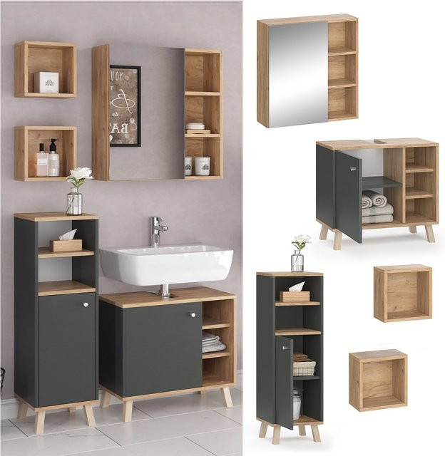 Vicco Badmöbel-Set Senyo in Anthrazit und Gold aus 4 Teilen mit Hängeschrank, Midischrank, Waschtischunterschrank und Spiegelschrank - Bild 1