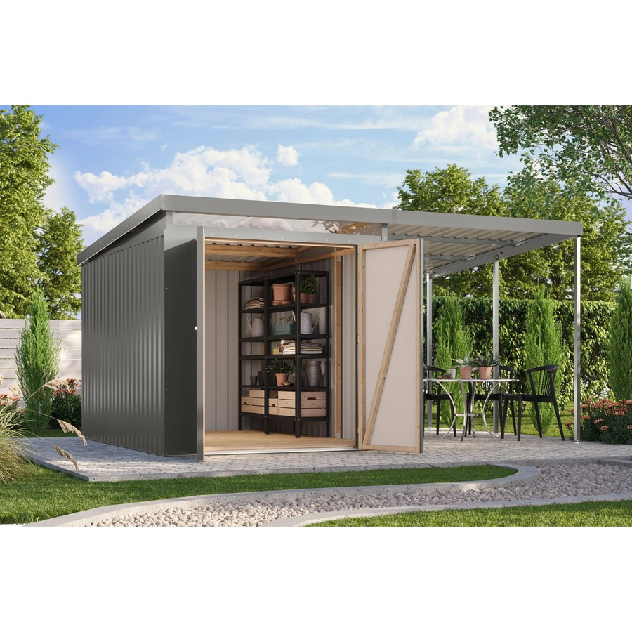 Karibu Metallgerätehaus Neos 2,5 mit Anbaudach in Graualuminium - Bild 2