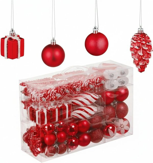 Relaxdays Weihnachtskugeln 72er Set aus Polystyrol in Rot mit Bändchen, B/T/H: 24 x 38 x 12 cm - Bild 1