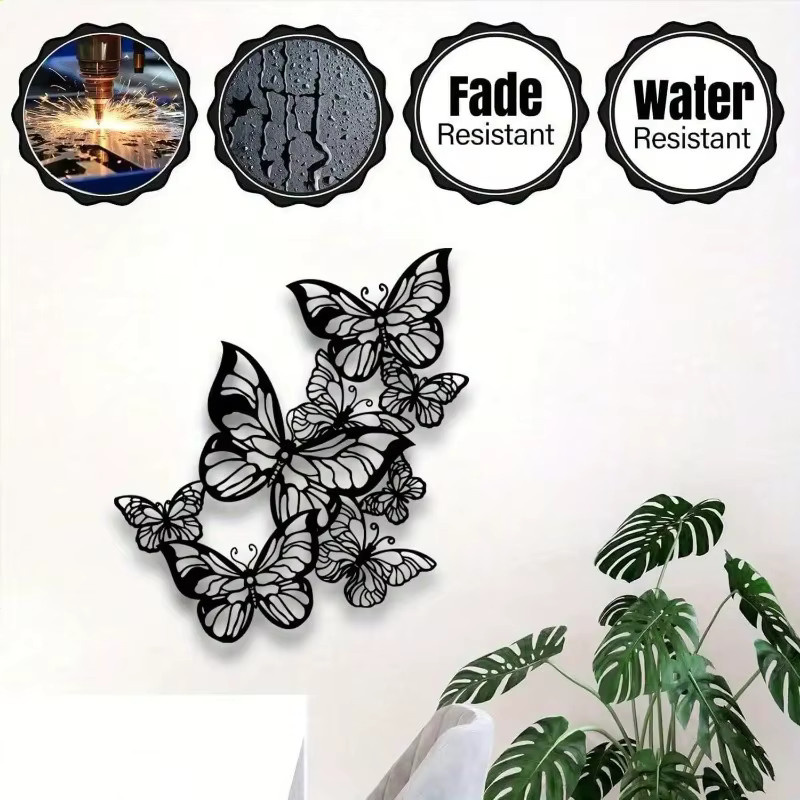CIFBUY Metall-Wanddekoration mit Blattmotiv und Schmetterlingen in Schwarz, moderne florale Wandgestaltung aus Metall - Bild 1