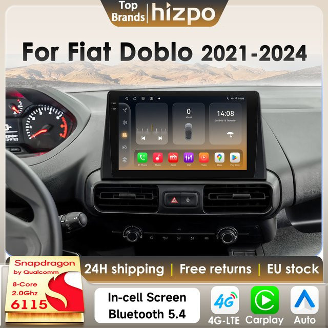 Hizpo Android 14 Autoradio für Fiat Doblo 2021-2024 mit 8GB RAM, 128GB Speicher, Snapdragon 6115 Prozessor, GPS, 4G, Carplay und 360 Kamera in Schwarz - Bild 1
