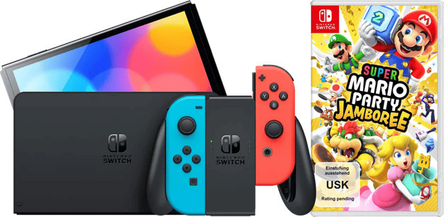 Nintendo Switch OLED Konsole Blau/Rot mit Mario Party Jamboree und LAN-Anschluss - Bild 1