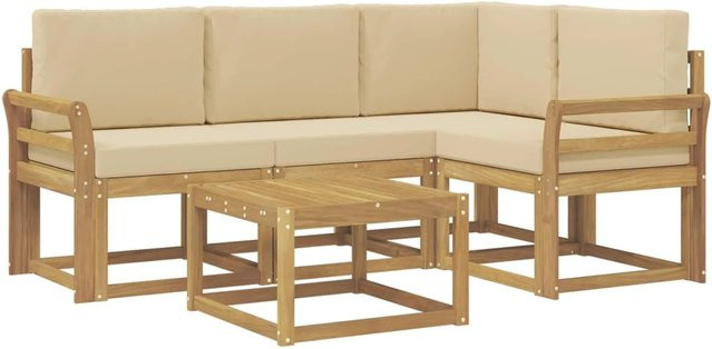 vidaXL Outdoor-Sofagarnitur in L-Form aus Akazienholz mit Kissen und Couchtisch, Weiß und Beige - Bild 1