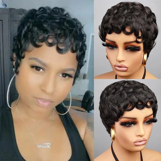 Lolely Dream Pixie-Schnitt-Perücke, schwarzes Echthaar, 150 %, Damen - Bild 1