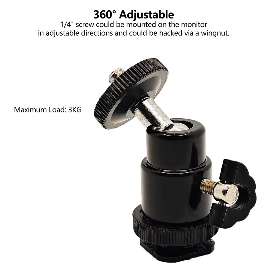 EXSKOF 360 Grad drehbarer Mini-Kugelstativ-Kugelkopfadapter aus Metall mit 1/4 Zoll Kamera-Blitzschuhhalterung in Schwarz - Bild 3
