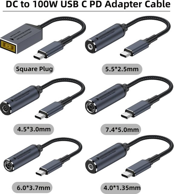 Geris Power USB C auf DC Netzteilkabel 100 W Schnellladekabel für Lenovo Dell HP Asus Laptop in Schwarz mit Anschlüssen 4,5 x 3,0 mm, 7,4 x 5,0 mm und 5,5 x 2,5 mm - Bild 1