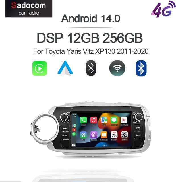 Sadocom Android Autoradio mit 7 Zoll Display, 12GB RAM, 256GB ROM, GPS und CarPlay für Toyota Yaris Vitz XP130 2011-2020, Schwarz - Bild 1
