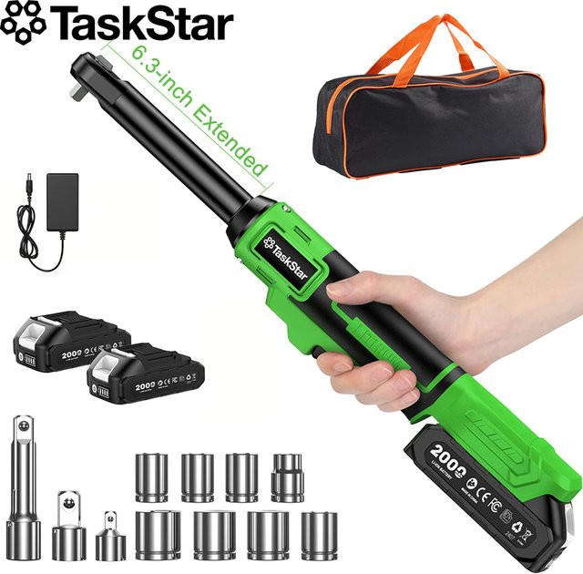 TaskStar Akku-Ratschen-Schraubenschlüssel-Set mit 6,3-Zoll-Verlängerungsstange, 21-V-Elektroschrauber mit LED-Arbeitsleuchte, 70 N·m Drehmoment, 3/8-Zoll, inklusive 1/4- und 1/2-Zoll-Adapter, 2 Stück, grün - Bild 1