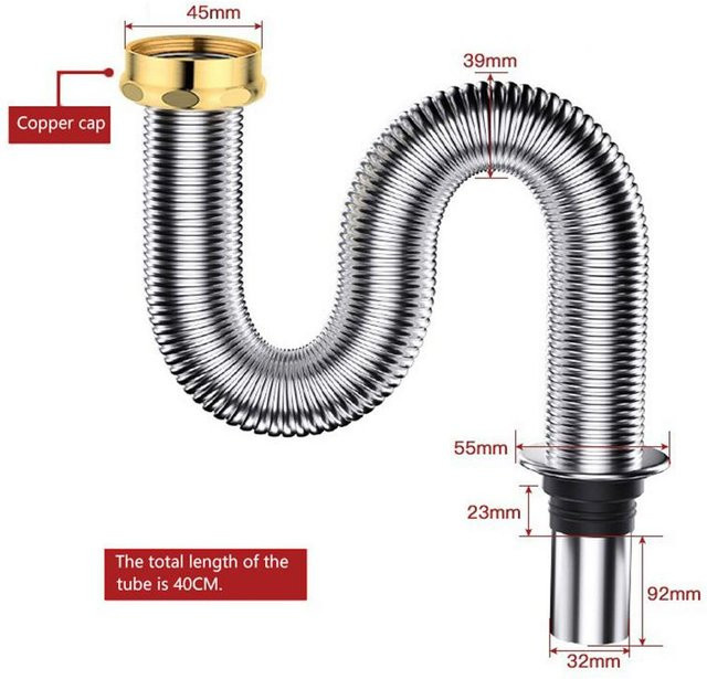 RubyHiso Flexibler Siphon aus Edelstahl für Badezimmer und Küchenspüle, Farbe: Silber, Länge: 40 cm oder 60 cm - Bild 1