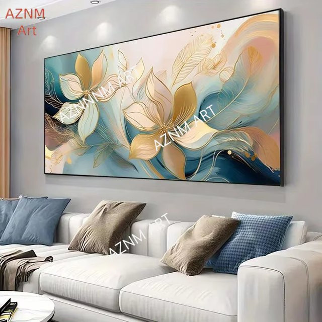 Modernes AZNM Leinwandposter mit floralem Blatt-Design in Gold und Multicolour, rechteckiges Wandbild ohne Rahmen - Bild 1