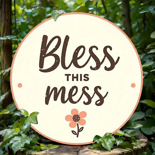 Potdemiel Bless This Mess Rundes Wandkunstschild aus Metall im Vintage-Design mit floralem Muster, Durchmesser: 20 cm - Bild 1