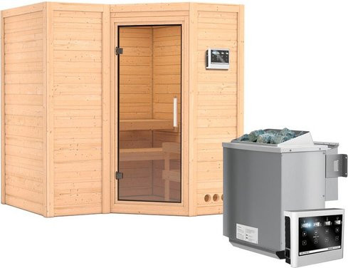 Karibu Sauna Riga 1 aus Fichtenholz in Beige für 3 Personen inklusive 9 kW Bio-Kombi-Saunaofen mit externer Steuerung B/T/H: 184 x 209 x 193 cm - Bild 1