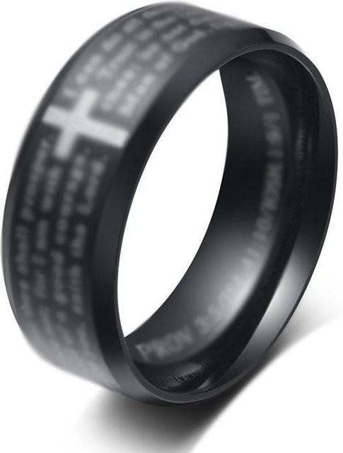 YIRAN Ring Titanstahl, Kreuz Schrift, Schwarz, Unisex, Ringgröße 12 - Bild 1