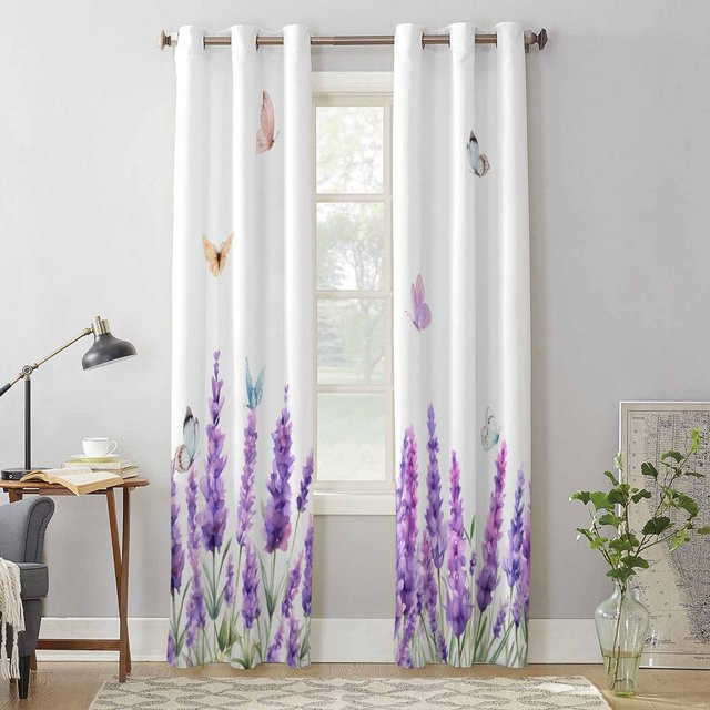 Super Six Fenstervorhang mit Aquarell-Lavendel und Schmetterlings-Motiv, semi-transparent, Farbe: Lila/Weiß, Breite: 135 cm, Höhe: 92 cm - Bild 1