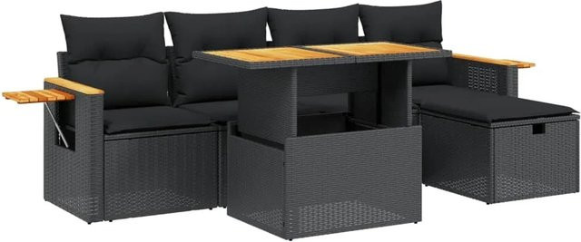 vidaXL 6-teilige Garten-Sofagarnitur aus Poly-Rattan und Akazienholz in Schwarz mit Kissen - Bild 1