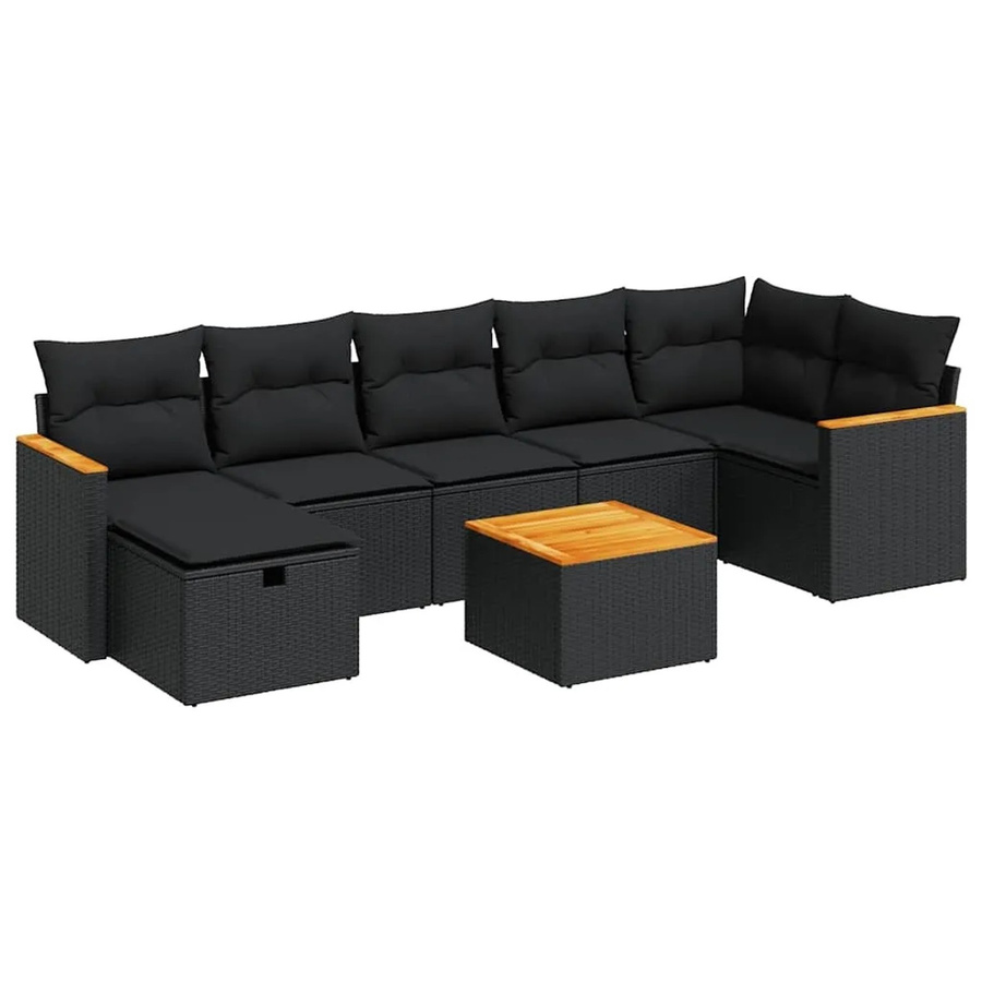 vidaXL 8-tlg Garten-Sofagarnitur in L-Form aus Polyrattan und Akazienholz mit Kissen, Schwarz - Bild 2