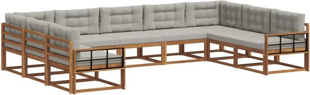 vidaXL Outdoor-Sofagarnitur 9-teilig in U-Form aus Akazienholz mit Kissen in Hellgrau - Bild 1