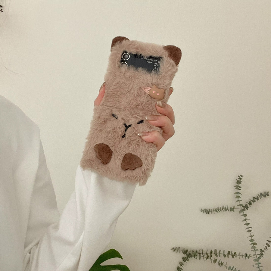 Süße Plüsch Capybara Handyhülle für Samsung Galaxy Z Flip 5, Z Flip 4 und Z Flip 3 in Beige und Braun mit Armband - Bild 2