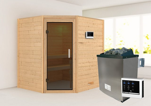 Karibu Massivholzsauna MIA aus nordischer Fichte mit 9.0 kW Ofen, Steuergerät und Ganzglastür in Graphit, B: 196 cm, T: 170 cm, H: 198 cm - Bild 1