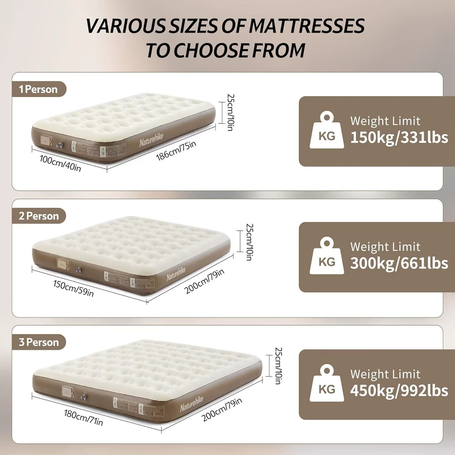 Naturehike Camping-Luftmatratze für 1 Person mit integrierter Pumpe, beige, B/T/H: 100 x 200 x 25 cm - Bild 2