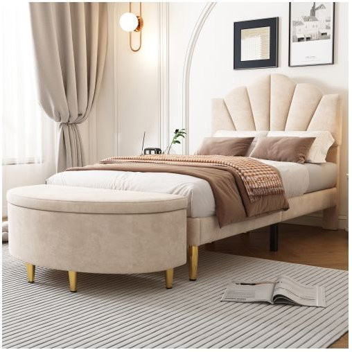 Gepolstertes Bett MUVOE in Beige mit Samtbezug und verstellbarem Kopfteil, B/T/H: 90 x 200 cm - Bild 1