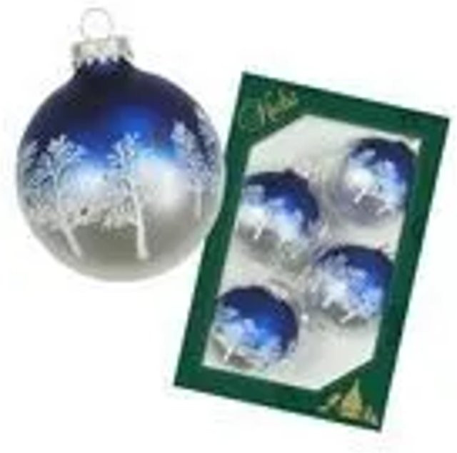 Krebs Glas Lauscha GmbH Weihnachtskugeln aus Glas mit Laubbäumen und Kardinalvögeln, silber/blau, 4 Stück, Durchmesser: 7 cm - Bild 1