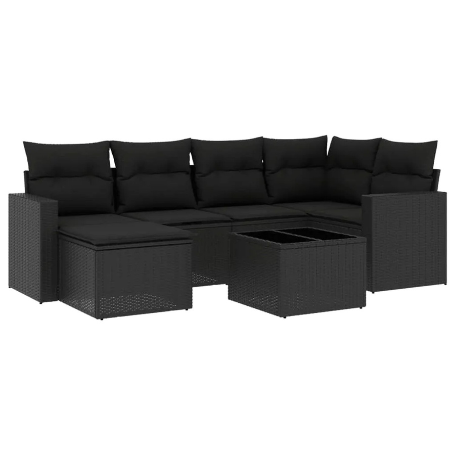 vidaXL 7-tlg Garten-Sofagarnitur in L-Form aus schwarzem PE-Rattan mit Kissen und pulverbeschichtetem Stahlgestell - Bild 2